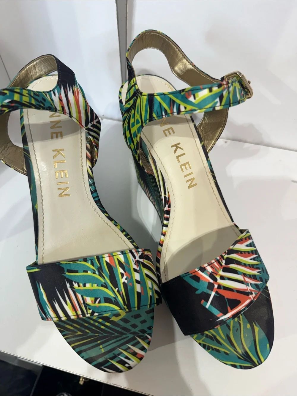 Anne Klein Tropical Leaf Print Ankle-Strap Sandals in Green and Black